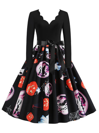 Schwarzes 50er Halloween Kleid mit Blütenkragen und Langarm