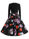 Schwarzes 50er Halloween Kleid mit Blütenkragen und Langarm
