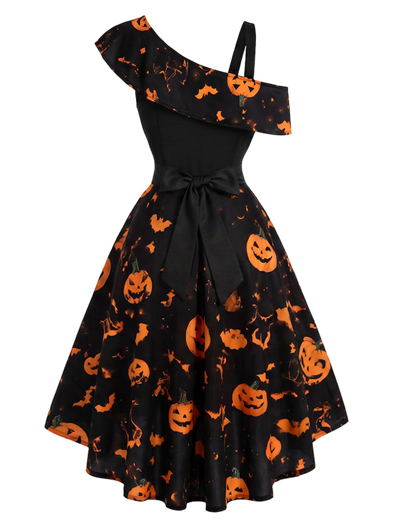 50er asymmetrisches Kleid mit Kürbis-Fledermaus-Print