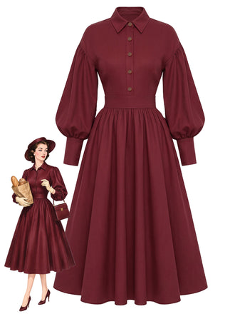 Bordeauxrotes 50er Hemdblusenkleid mit Ballonärmeln