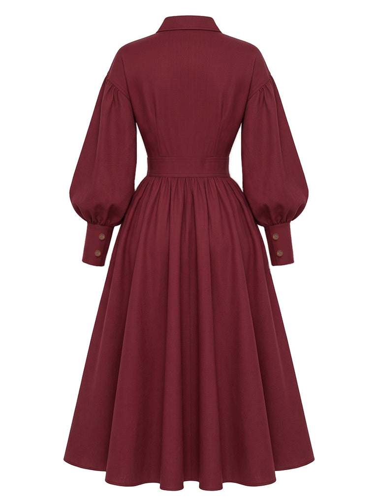 Bordeauxrotes 50er Hemdblusenkleid mit Ballonärmeln