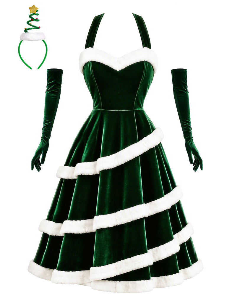 Grünes 50er Samtkleid mit Tannenbaum-Detail