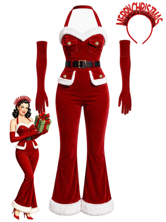 Roter 60er Weihnachts-Jumpsuit mit Samt und Schlag