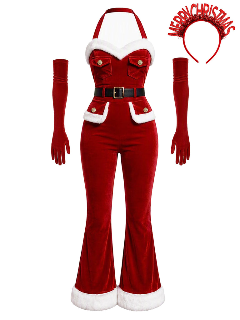 Roter 60er Weihnachts-Jumpsuit mit Samt und Schlag