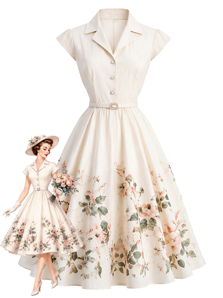 Weißes 50er Kleid mit Blumen und Flügelärmeln
