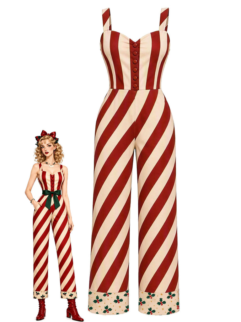 Roter 40er Weihnachts-Streifenjumpsuit mit Bindegürtel und Umschlägen