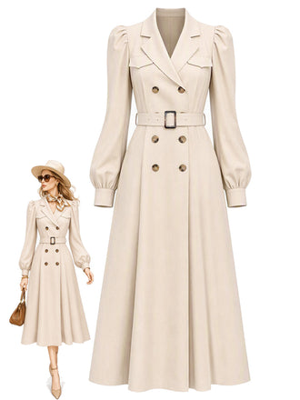 Beiger 40er zweireihiger Trenchcoat mit Puffärmeln