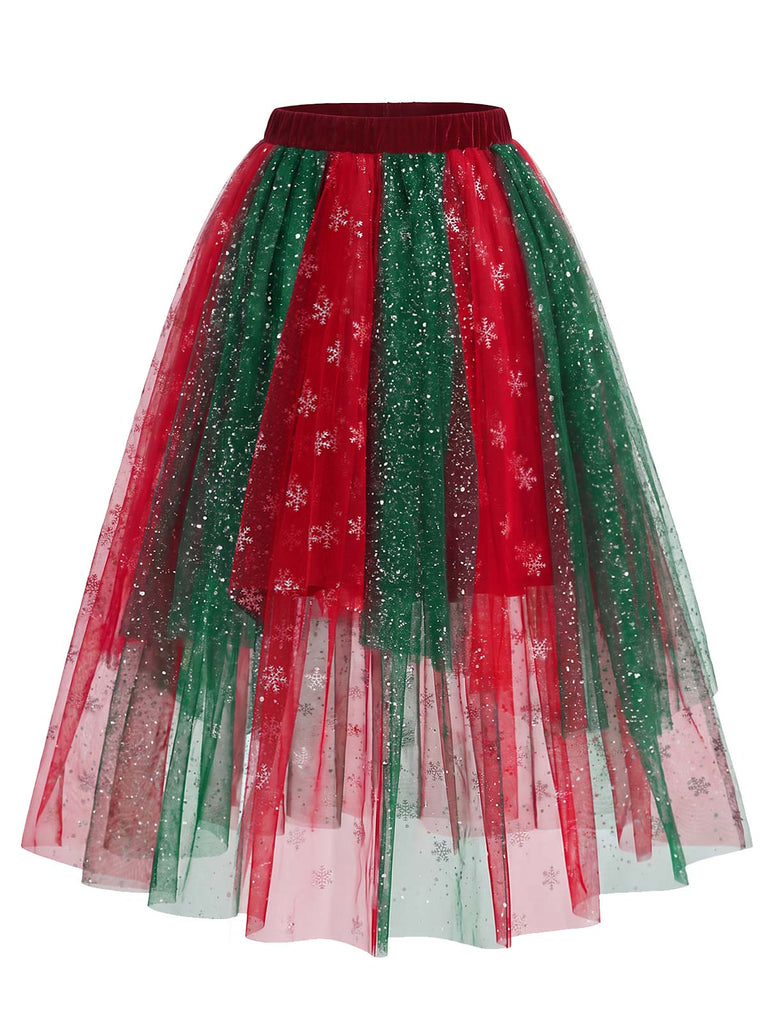 50er Weihnachtsset aus schulterfreiem Top mit Flauschbesatz und Schneeflocken-Meshrock
