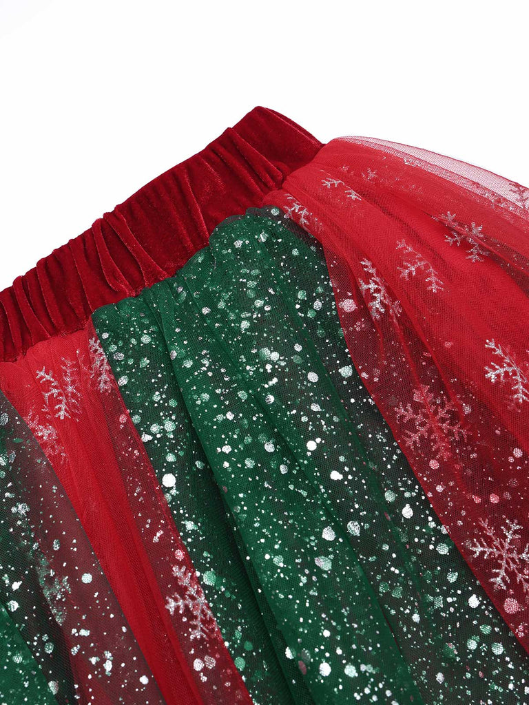 50er Weihnachts-Meshrock mit Glitzer-Schneeflocken und Vokuhila-Saum