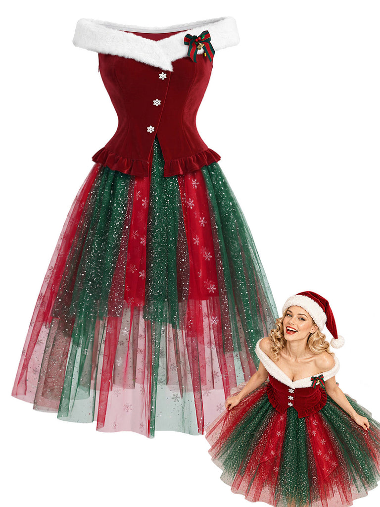 50er Weihnachtsset aus schulterfreiem Top mit Flauschbesatz und Schneeflocken-Meshrock