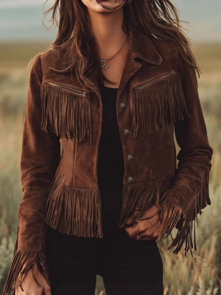 Braune 70er Western-Jacke mit Fransen und Wildlederoptik