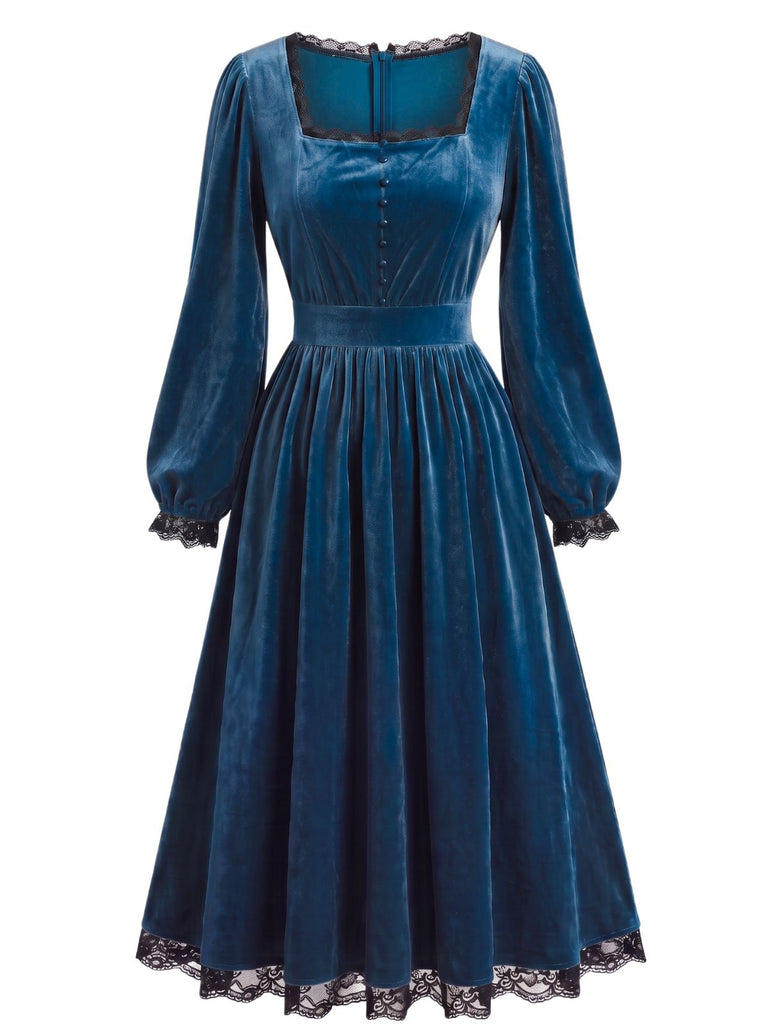 70er Samtkleid mit eckigem Ausschnitt, Spitzenbesatz und Langarm