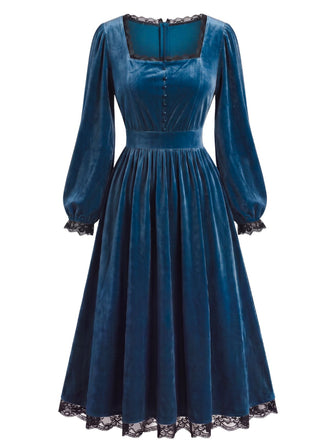 70er Samtkleid mit eckigem Ausschnitt, Spitzenbesatz und Langarm