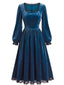 70er Samtkleid mit eckigem Ausschnitt, Spitzenbesatz und Langarm