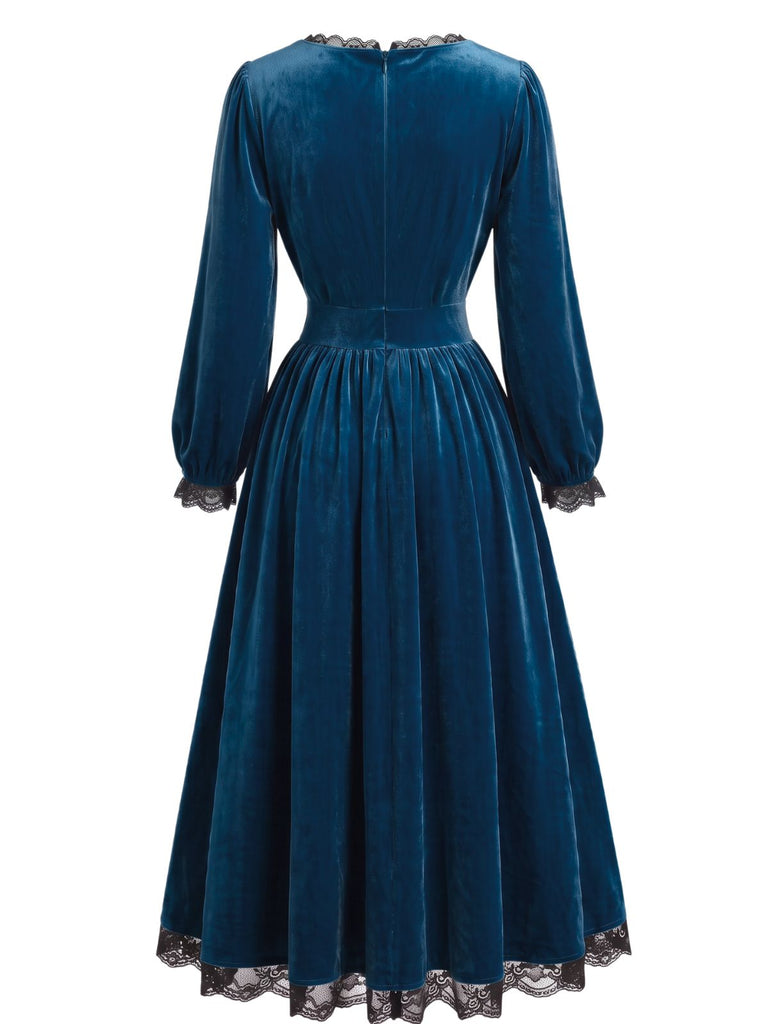 70er Samtkleid mit eckigem Ausschnitt, Spitzenbesatz und Langarm