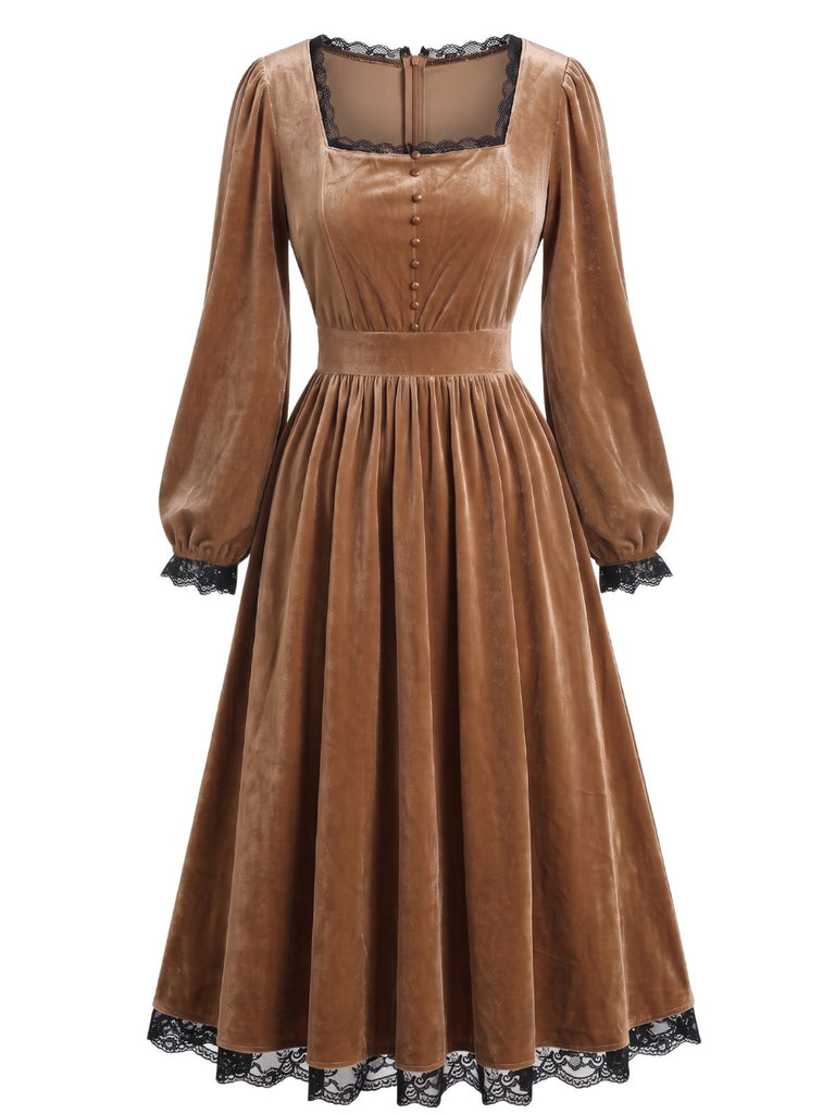 70er Samtkleid mit eckigem Ausschnitt, Spitzenbesatz und Langarm