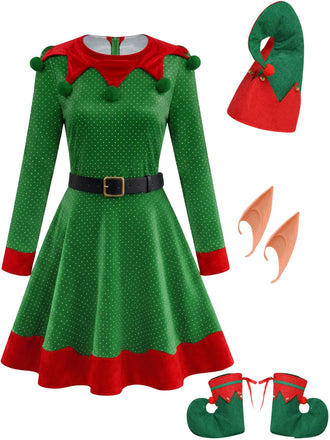 Grünes 50er Weihnachts-Elfenkostüm-Set mit Kleid