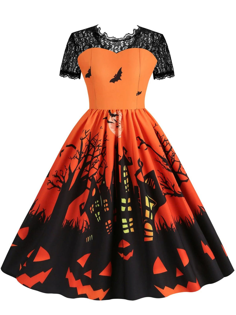 50er Halloween Swingkleid mit Spukhaus- und Kürbis-Fledermaus-Print