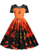 50er Halloween Swingkleid mit Spukhaus- und Kürbis-Fledermaus-Print