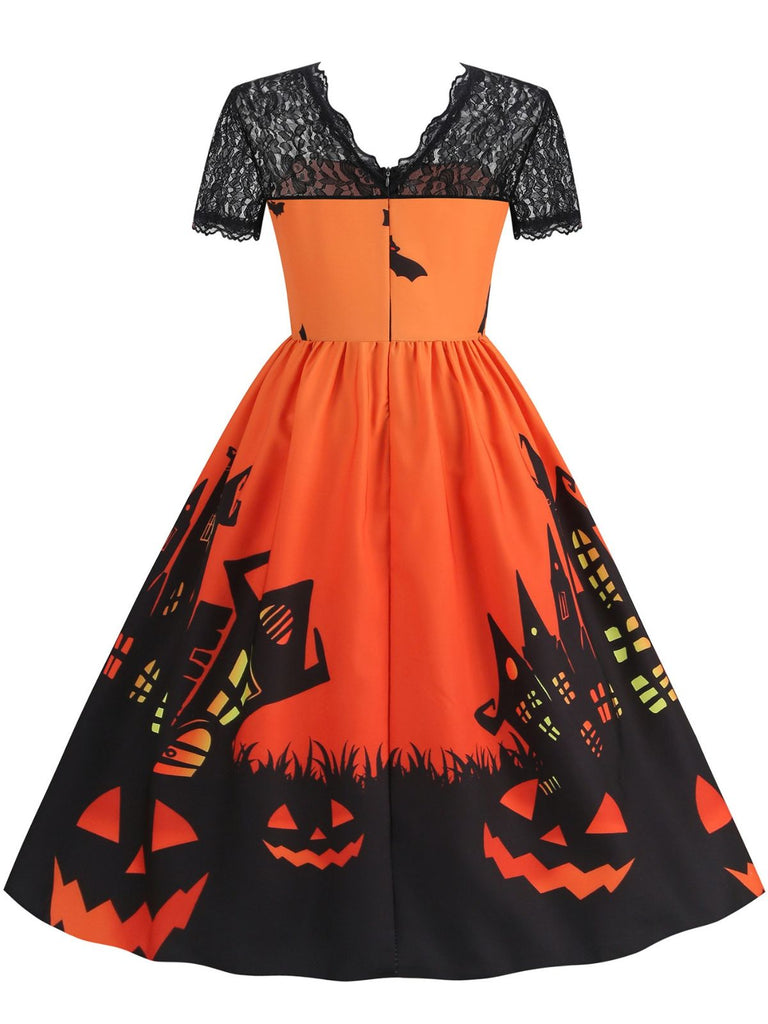 50er Halloween Swingkleid mit Spukhaus- und Kürbis-Fledermaus-Print