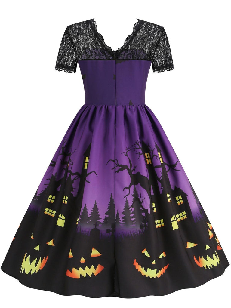50er Halloween Swingkleid mit Spukhaus- und Kürbis-Fledermaus-Print