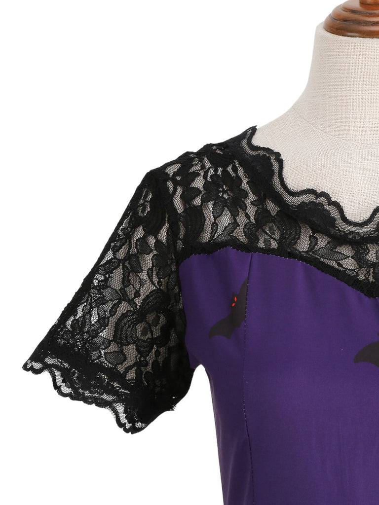 50er Halloween Swingkleid mit Spukhaus- und Kürbis-Fledermaus-Print