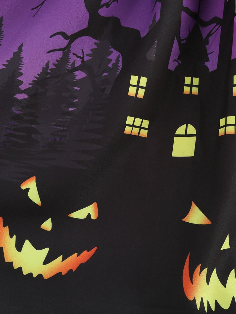 50er Halloween Swingkleid mit Spukhaus- und Kürbis-Fledermaus-Print