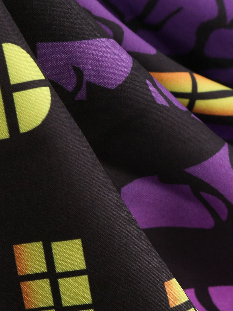 50er Halloween Swingkleid mit Spukhaus- und Kürbis-Fledermaus-Print