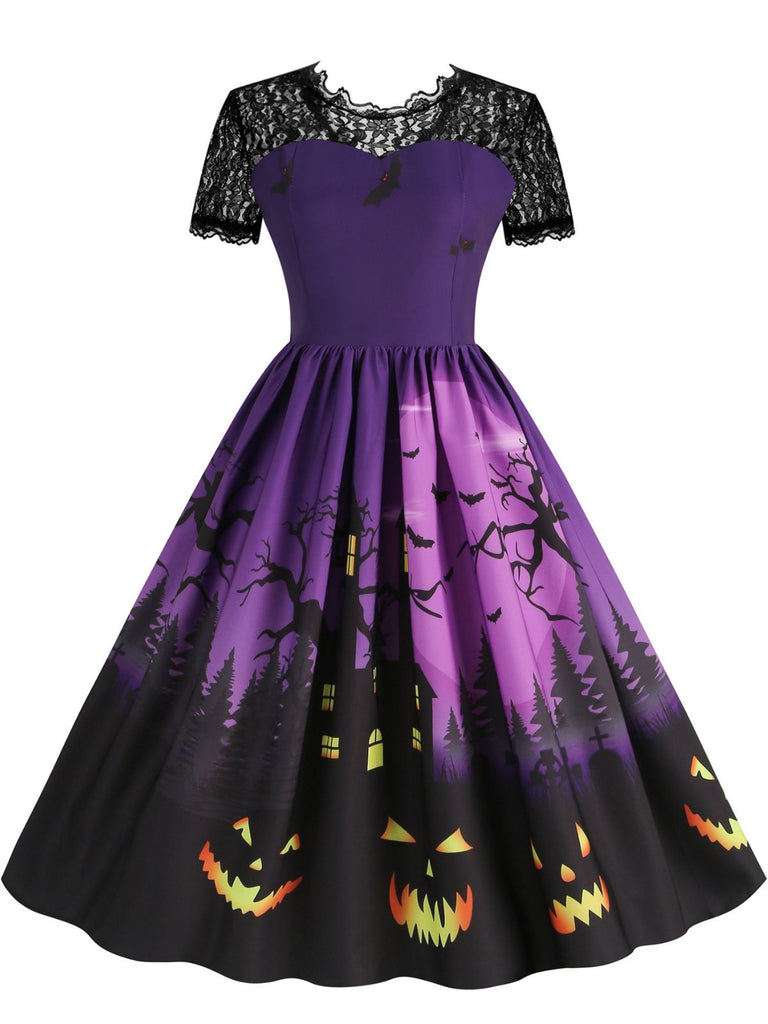 50er Halloween Swingkleid mit Spukhaus- und Kürbis-Fledermaus-Print