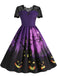 50er Halloween Swingkleid mit Spukhaus- und Kürbis-Fledermaus-Print