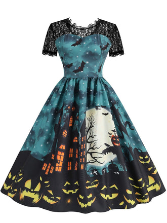 50er Halloween Swingkleid mit Spukhaus- und Kürbis-Fledermaus-Print