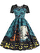 50er Halloween Swingkleid mit Spukhaus- und Kürbis-Fledermaus-Print