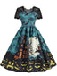 Türkises 50er Halloween-Swingkleid mit Spukhaus- und Kürbis-Fledermaus-Print