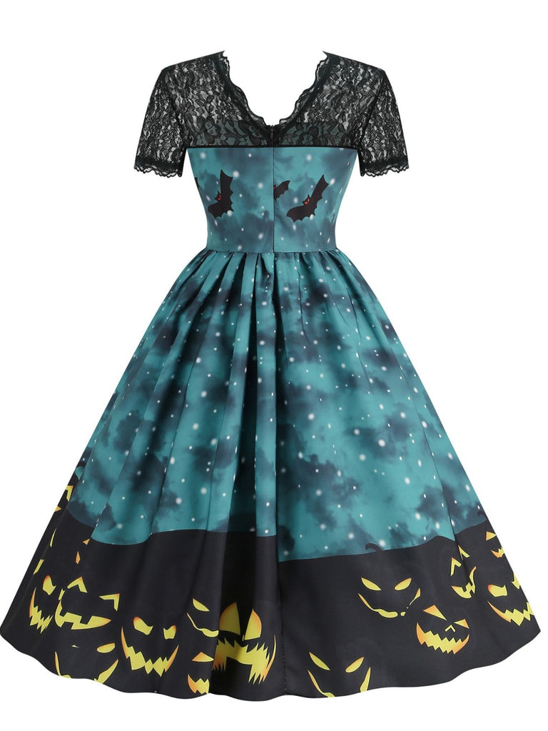 50er Halloween Swingkleid mit Spukhaus- und Kürbis-Fledermaus-Print