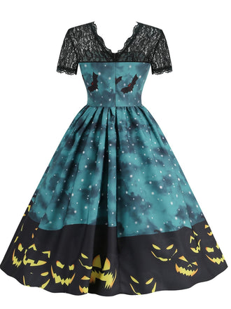 50er Halloween Swingkleid mit Spukhaus- und Kürbis-Fledermaus-Print