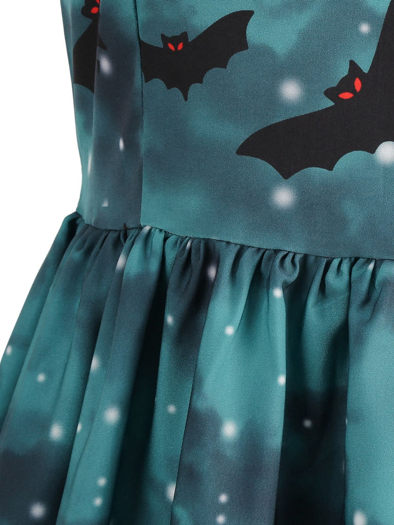 50er Halloween Swingkleid mit Spukhaus- und Kürbis-Fledermaus-Print