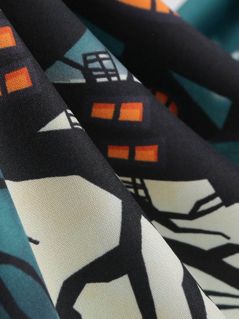 50er Halloween Swingkleid mit Spukhaus- und Kürbis-Fledermaus-Print