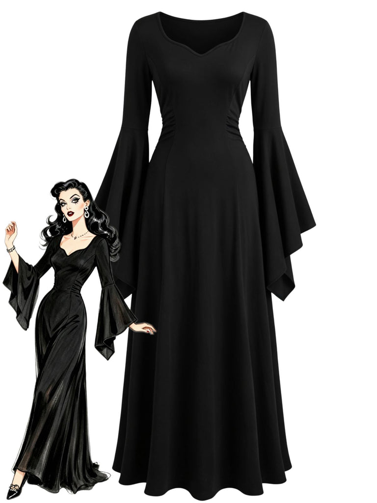 Schwarzes 70er Gothic Maxikleid mit Herzausschnitt und Glockenärmeln