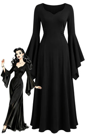 Schwarzes 70er Gothic Maxikleid mit Herzausschnitt und Glockenärmeln