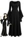 Schwarzes 70er Gothic Maxikleid mit Herzausschnitt und Glockenärmeln