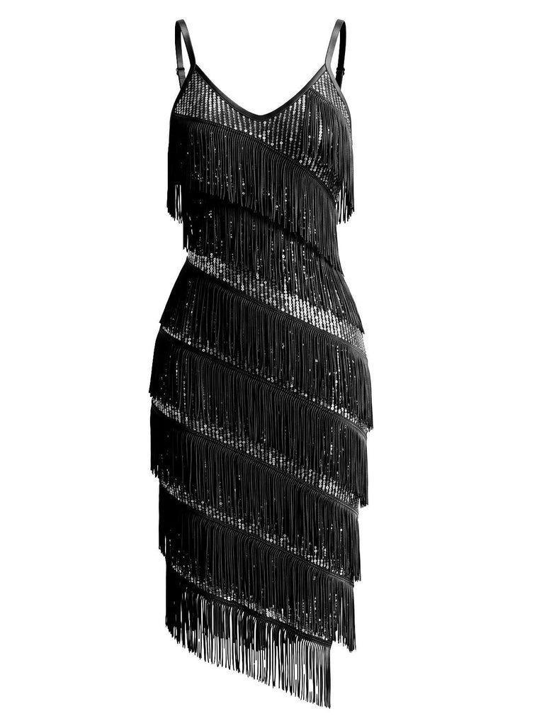 20er Cocktailkleid mit Pailletten, Fransen und Spaghettiträgern