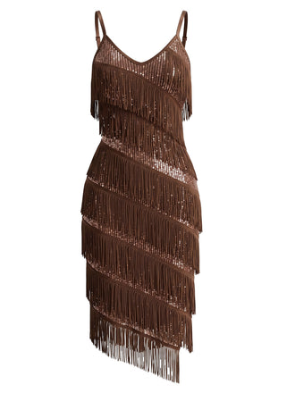 20er Cocktailkleid mit Pailletten, Fransen und Spaghettiträgern