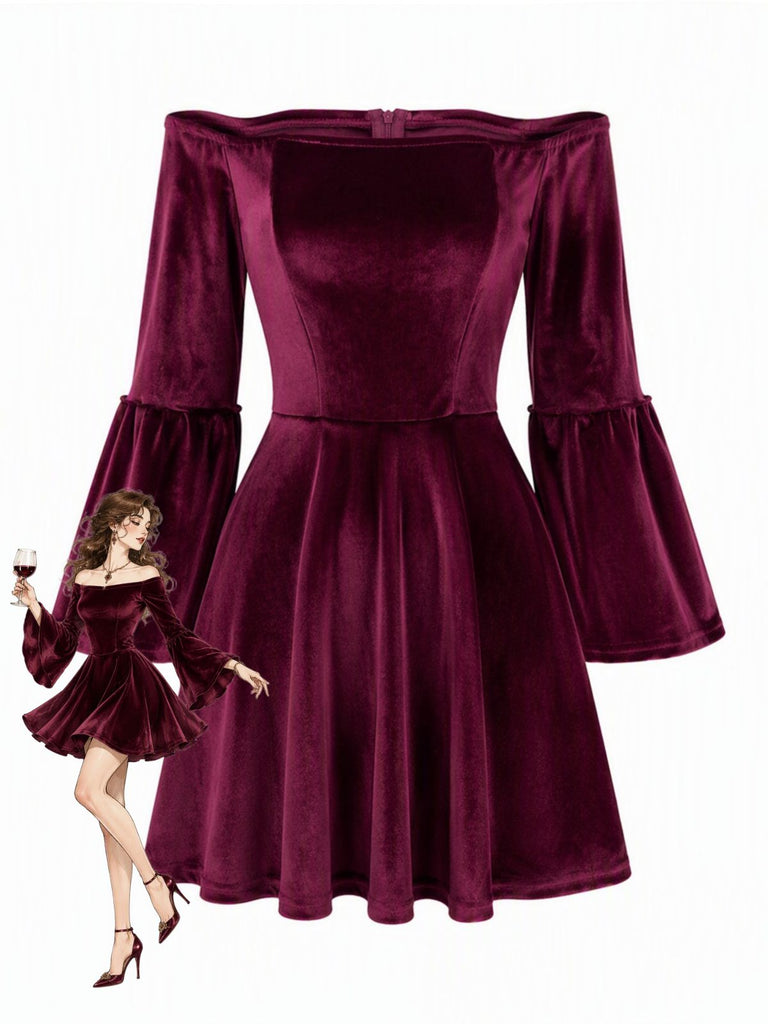 Schulterfreies 60er Samtminikleid mit Glockenärmeln