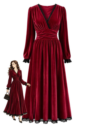 Weinrotes 30er Samtkleid mit Spitzeneinsätzen und Seitenschlitz