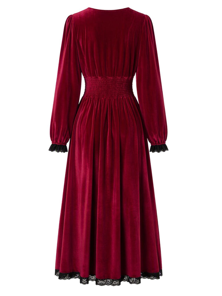 Weinrotes 30er Samtkleid mit Spitzeneinsätzen und Seitenschlitz