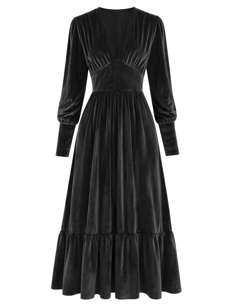 70er Samtkleid mit tiefem V-Ausschnitt und Raffung