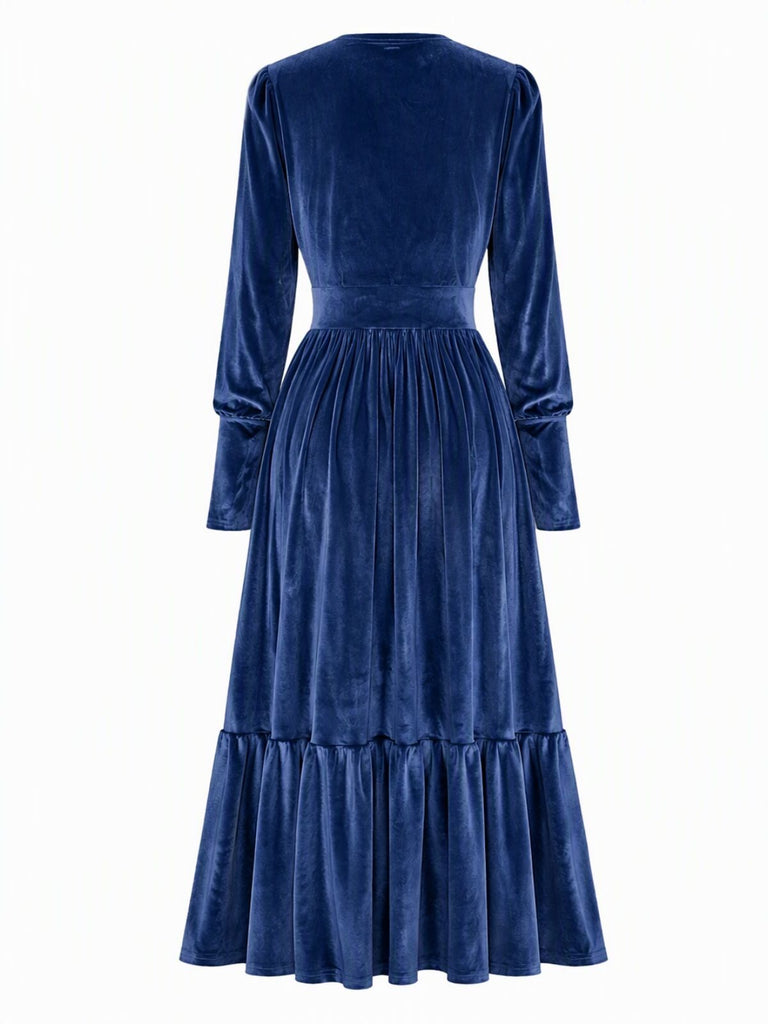 70er Samtkleid mit tiefem V-Ausschnitt und Raffung