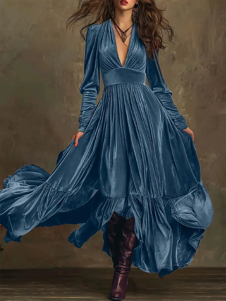 70er Samtkleid mit tiefem V-Ausschnitt und Raffung