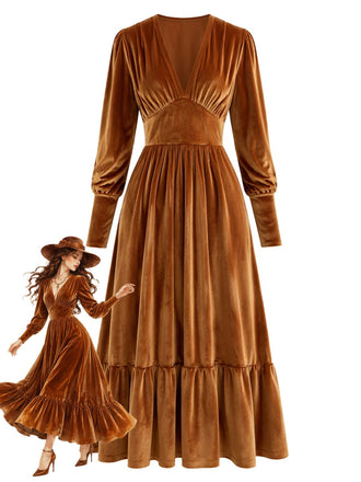 70er Samtkleid mit tiefem V-Ausschnitt und Raffung