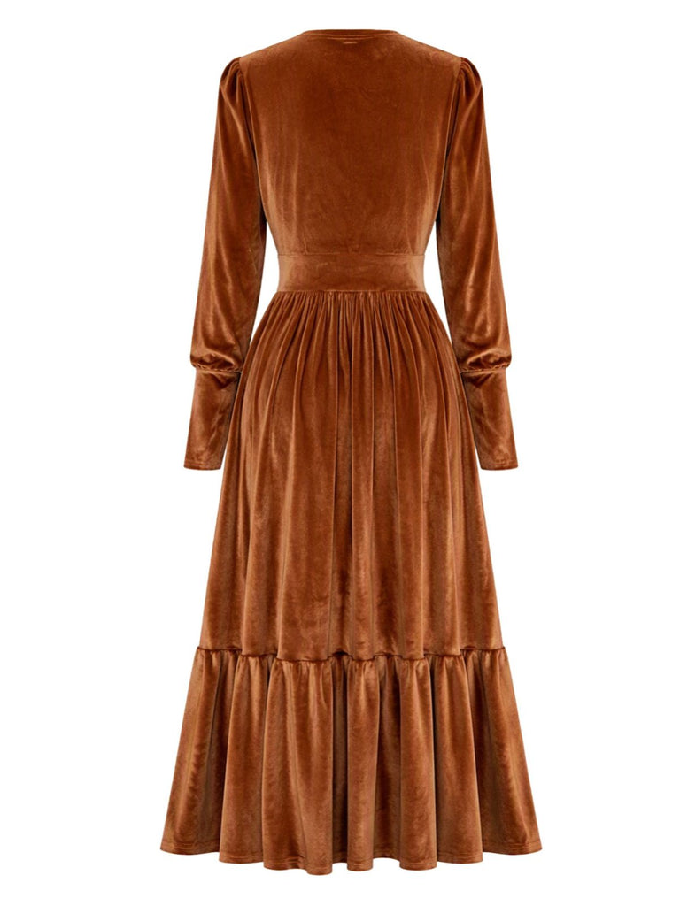 70er Samtkleid mit tiefem V-Ausschnitt und Raffung